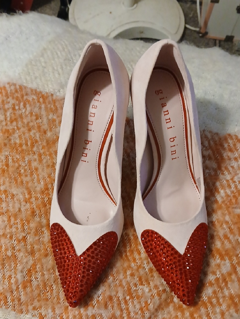 Gianni Bini Pink Suede Pumps with Red Crystal Heart Toe